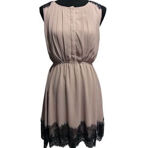 Ya Los Angeles Cocktail Dress Taupe W Black Fringe & Lace Size S NWT
